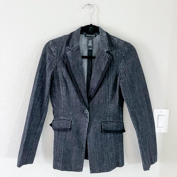 Kenneth Cole New York Black Denim Blazer with Black Piping for a Night Out - Picture 2 of 6